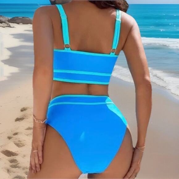 BMJL Women’s 2 Piece Swimsuit Small Blue Color Block High Waist Tank Bikini - Picture 2 of 8